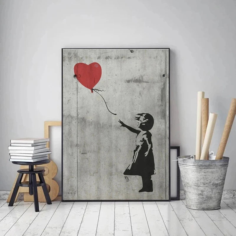 Banksy Graffiti Artework Canvas Pintura Impresiones Arte de pared Fotos Girl con globo rojo Carteles negros Blancos Decoración del hogar nórdico