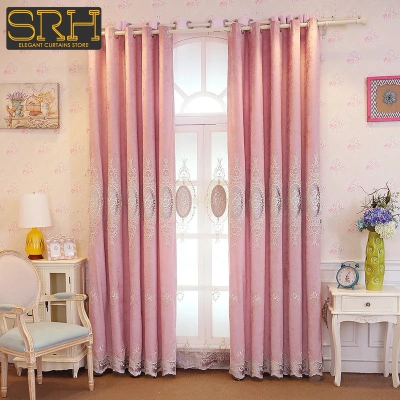 European High-end Chenille Curtains for Living Room Bedroom Window Valance Embroidery Fresh Pink Decor Custom Elegant Lace Tulle