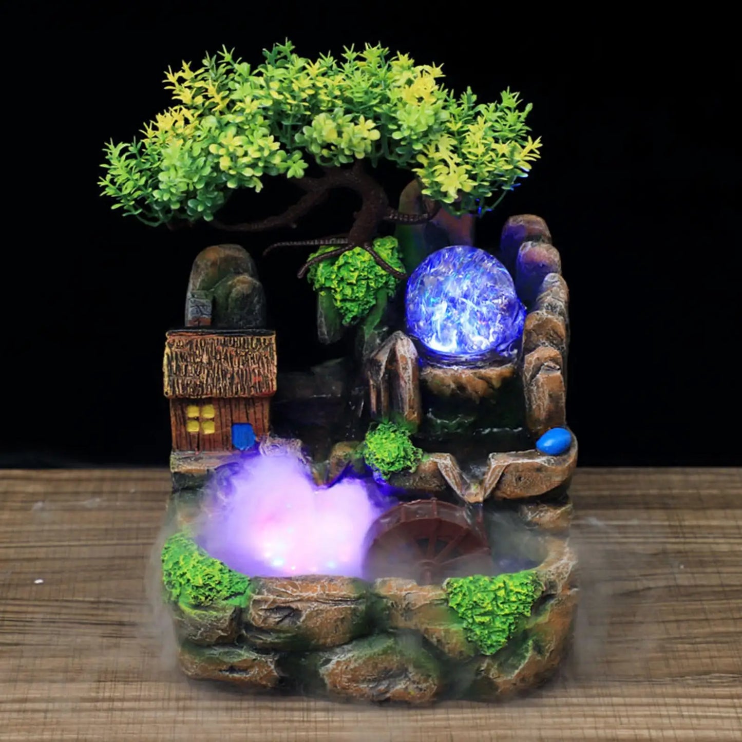 Fuente de la cascada de resina Rockery con LED Rocas iluminadas Crafts Regalo humidificador para la habitación de la sala de estar en casa y interior