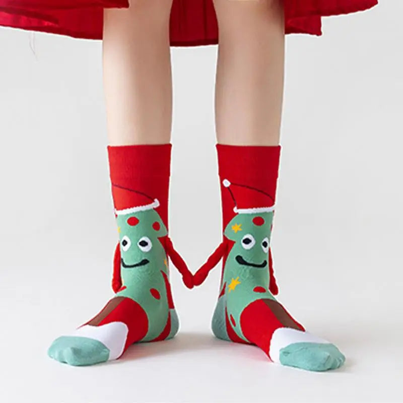 Christmas Magnetic Suction Hand In Hand Socks Unisex Holding Hands Long Socks Cute Santa Claus Christmas Tree Cotton Stockings