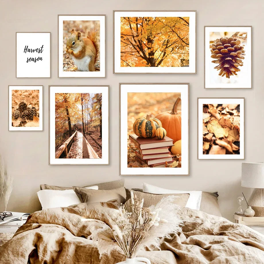 Autumn Digituous Maple Leaf Pumpkin Road Wall Art Canvas schilderen Noordse posters en prints Wandfoto's voor woonkamer Decor