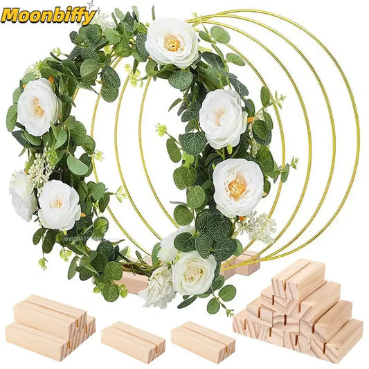 1pcs Gold Metal Flowers Hoop with Place Card Holder Wedding Table Centerpiece Decoration Christmas DIY Wreath Garland Decor