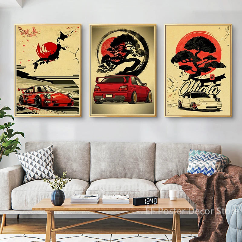 Japanese Cars Samurai Poster Painting Japan Racing Home Club Decor Wall Picture Vintage Aesthetic Jdm Car Gtr Anime Moon Printis