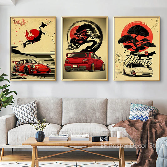 CARRES JAPANONES Samurai Pinting Japan Racing Home Club Decoración Imagen de pared Vintage JDM Car Gtr Anime Moon Printis