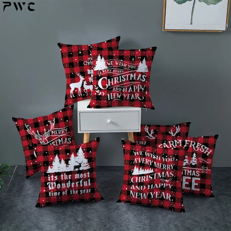 Christmas Cartoon Santa Claus Elk Cushion Cover Red Plaid Throw Pillow Christmas Ornaments Natale 2024 Xmas Gifts Sofa Cushions