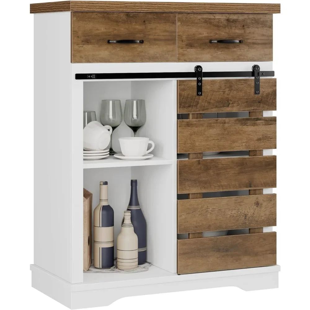 Kitchen Cabinet with Drawers and Shelves, Sliding Barn Door Storage, Living Room, Dining Room, Entryway, Kitchen Cabinet