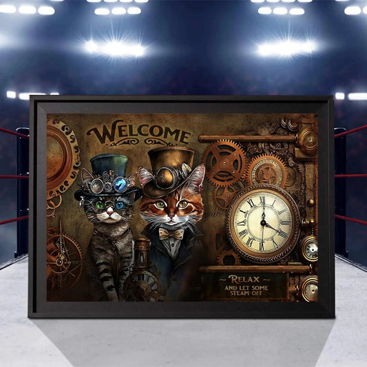 New Steampunk 3D Metal Art Poster Steampunk Welcome Sign Dog Cat Animal Canvas Painting Living Room Background Wall Home Decor