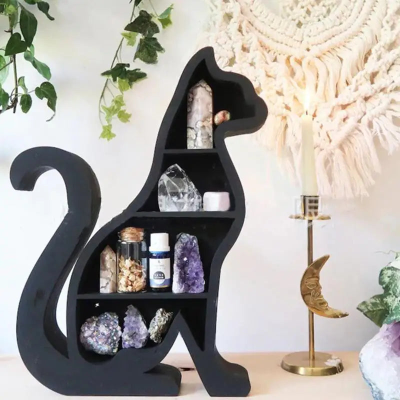 Zwarte kat vorm kristal plank display staande rek zonsopgangen sieraden cosmetica stationaire potten essentials houder huisdecoratie