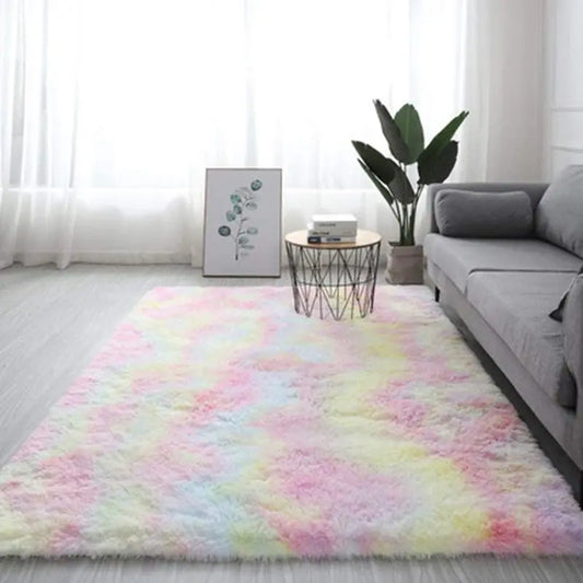 Rainbow Plush Fluffy Carpet Gradient Tie-dye Plush Rug Living Room Carpet Floor Mat Bedroom Bedside Bay Window Rug Home Decor