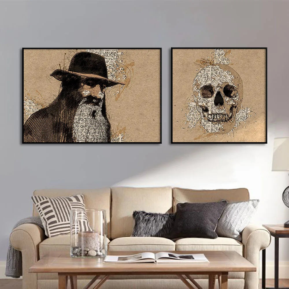 Skull Hat Man Sketch Writing Painting Vintage Wall Art Canvas Poster Print Retro Old Pictures For Living Room Home Decor Cuadros