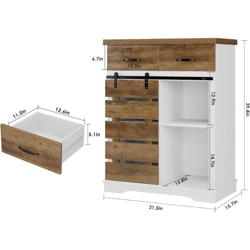 Kitchen Cabinet with Drawers and Shelves, Sliding Barn Door Storage, Living Room, Dining Room, Entryway, Kitchen Cabinet