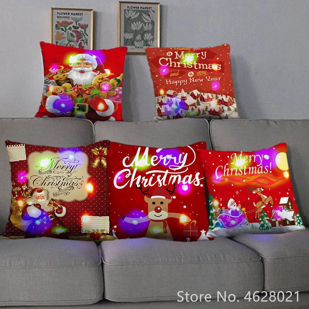 LED Light Christmas Pillow Cushions Cover Santa Elk Throw Pillows Cover For Home Glow Santa Clause Deco Home for Sofa 2023