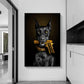 Moda Black Doberman Dog Lion con un cartel de pistola lienzo Pintura de arte de pared de animales de lujo para sala de estar decoración del hogar