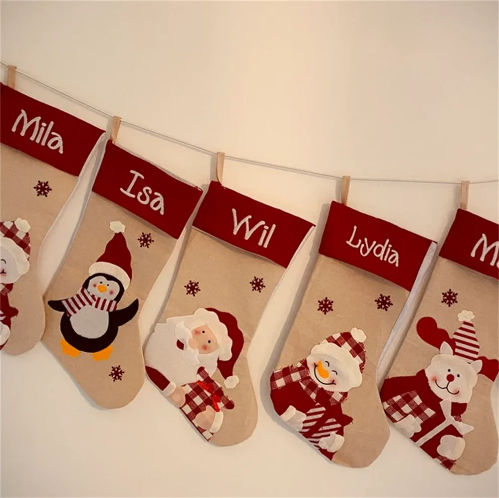 Merry Christmas Stockings Custom Name Children's Gift Candy Bag Personalized Embroidered Name Happy New Year Gift Santa Socks