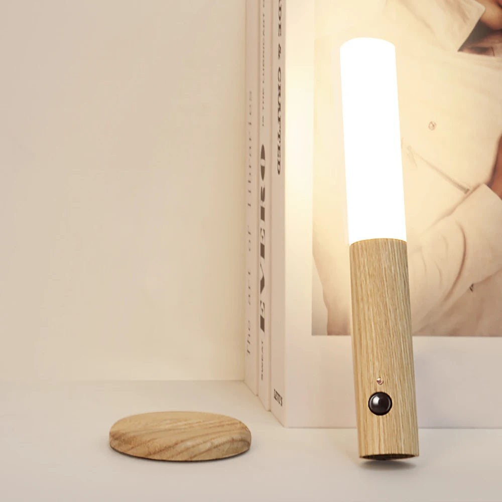 Creative Intelligent Auto PIR Motion Sensor LED Rechargeable Magnetic Night Light Wood Wall Light Kitchen Cabinet Light Lamp