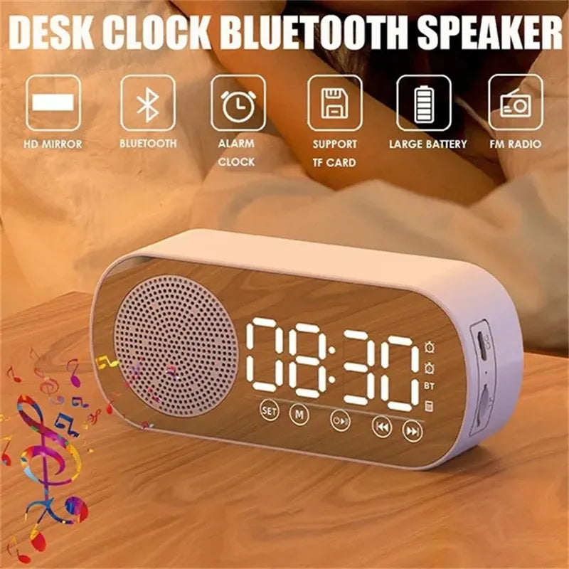 New Desk Speaker Clock Bluetooth Speaker FM Radio Alarm Clock HiFi Sound HD Mirror Screen Support TF Card for Bedroom Clock