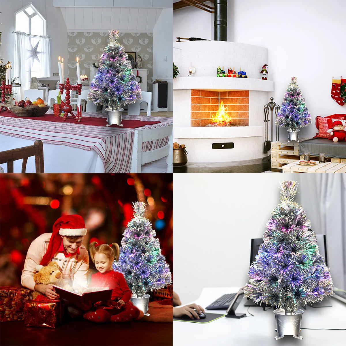 60cm Silver Mini  Fiber Optic Tabletop Artificial Christmas Tree with LED lights Silver Base Xmas Table Top Tree