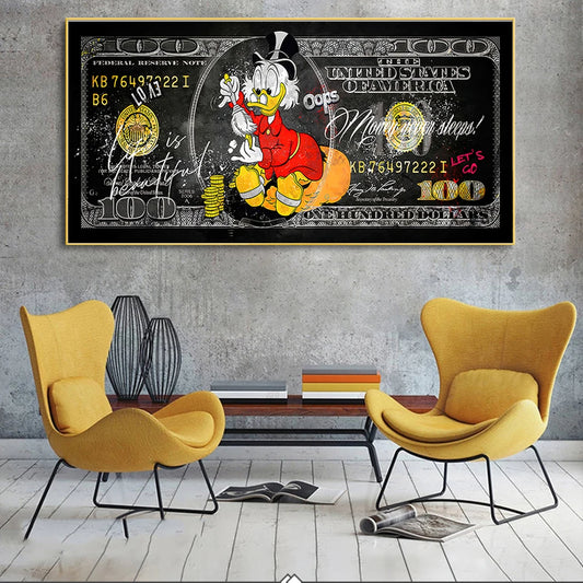 Scrooge McDuck 100 dólares Pop Art Canvas Posters and Prints Modern Money Graffiti Art Pinturas en las imágenes de arte de la pared Cuadro