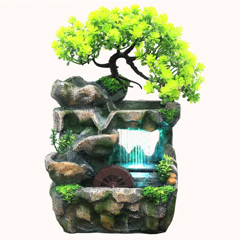 Fuente de agua Decoración del hogar interior Desktop Simulación de rocas pequeñas Fluido de agua Resina Feng shui adornos con luz LED