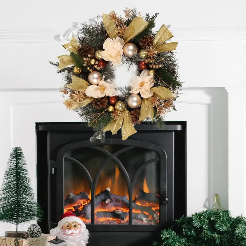 Christmas Wreaths Rustic 20-Inch Wreath With Gold Ribbon Bow Pine Cone Farmhouse Festive Garlands Decorations For Window Winter