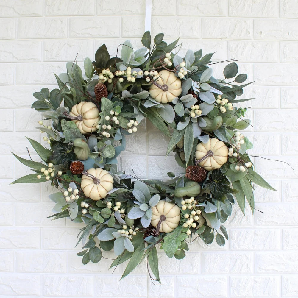 Fall Pumpkin Garland Artificial Eucalyptus Garland with White Pumpkins Pinecones Berries Foliage Lemon Garland Wedding Decor