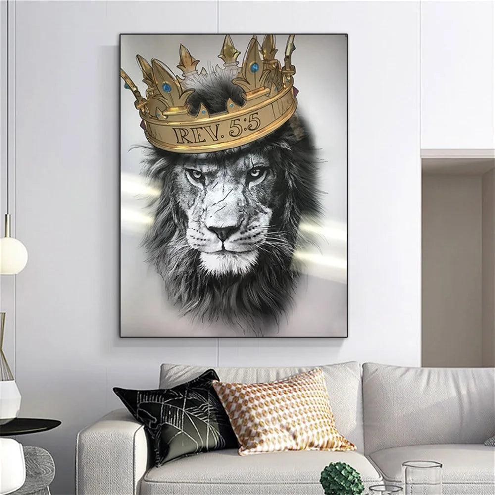 Moderno leone animale con tela a corona dorata che dipinge poster astratti stampe immagini d'arte da parete per soggiorno decorazione per la casa