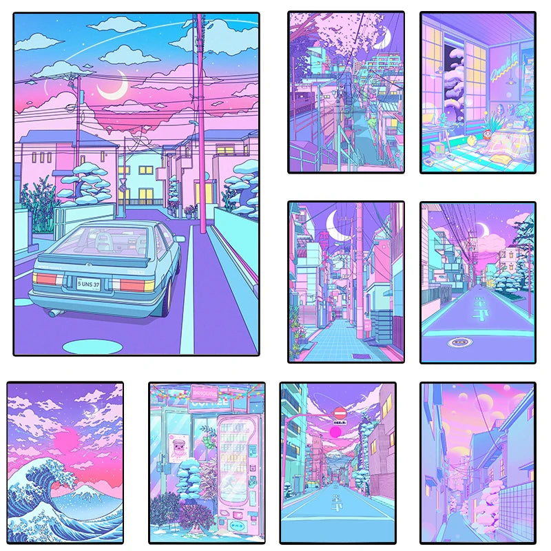 80S Neon City Street Vaporwave Canvas Póster de la calle coreana Anime Pintura decorativa Arte de pared estampados para la habitación Kawaii Decoración de la habitación