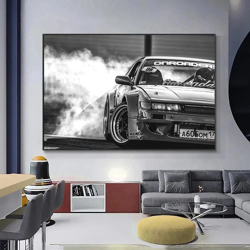 CAR CAR ESTILO INDUSTRIAL Drift JDM Estado neumáticos Fumo Póster Impresión Pintura Arte de la pared Imagen para decoración de la sala del hogar