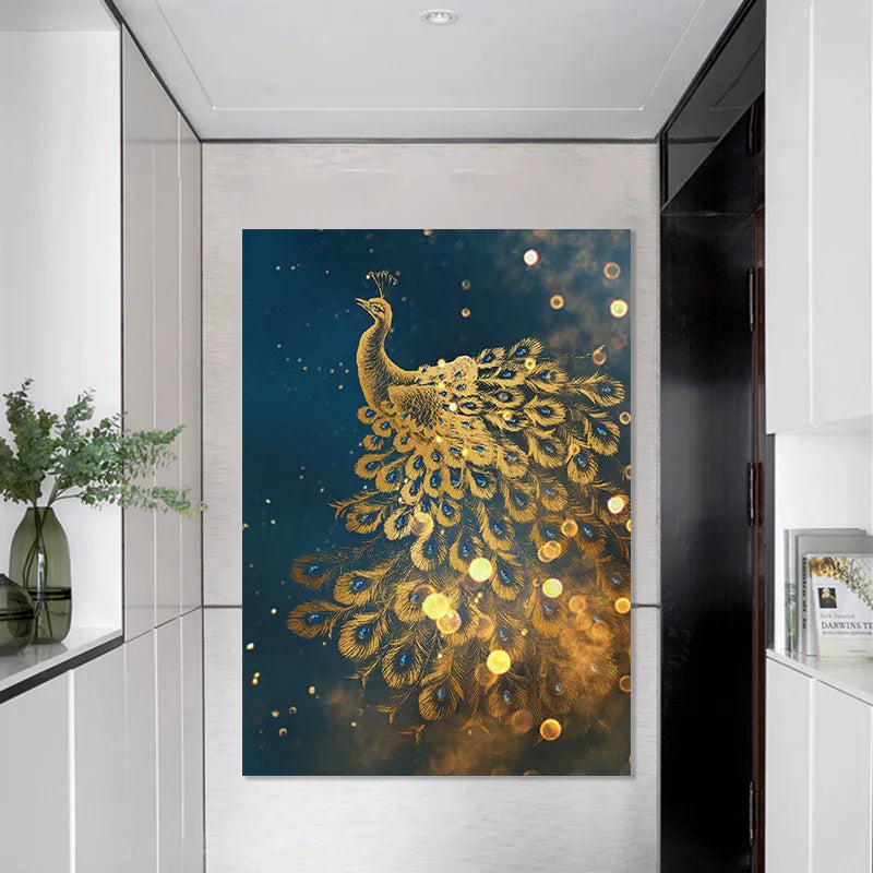 Pintura decorativa Gold Peacock de hojas Arte de la pared Pintura Luz de lujo Póster impermeable Arte de la pared de la pared