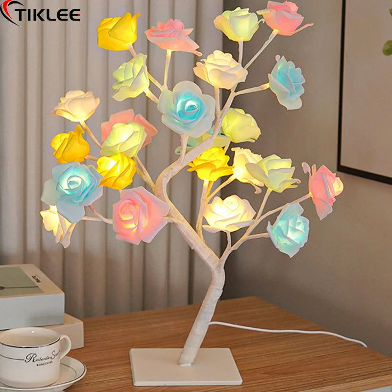 Lámpara de mesa de 24 lámpara de flores de rosa luces de la noche USB Regalo de decoración de Navidad para niños Room Rose Flower Decoración del hogar