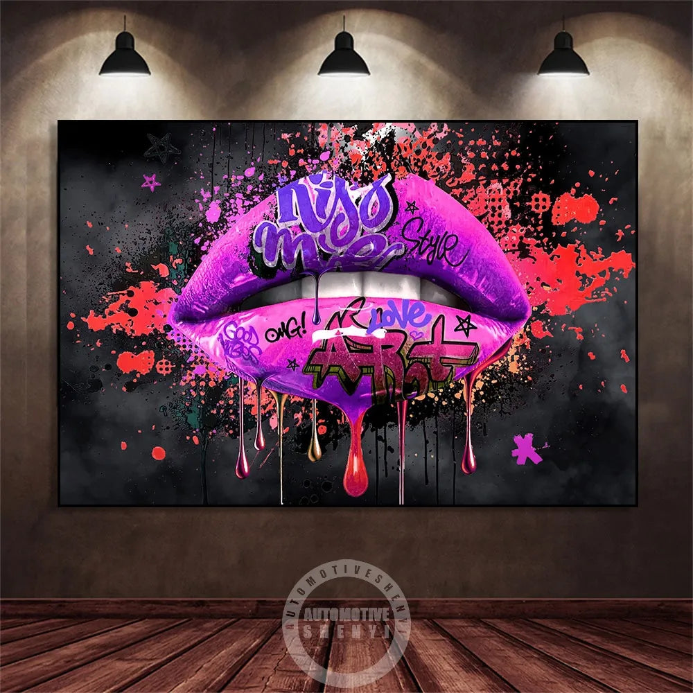 Kiss Me Graffiti Lips Pop Art Canvas Pinting Abstract Love Cartel y impreso Arte Fotografías para la sala de estar Decoración del hogar