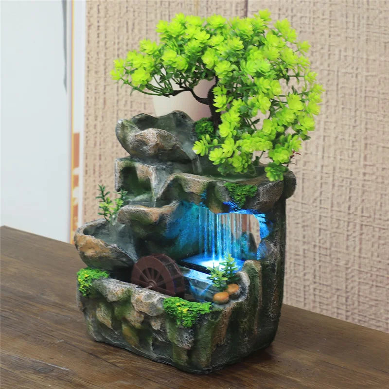 Fuente de agua Decoración del hogar interior Desktop Simulación de rocas pequeñas Fluido de agua Resina Feng shui adornos con luz LED