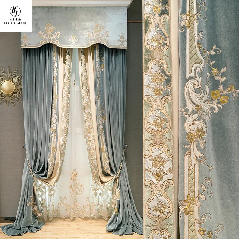 European Embroidered Thickened Blackout Blue Velvet Curtains for Living Room Bedroom Blackout Dining Lace Luxury Valance Tulle