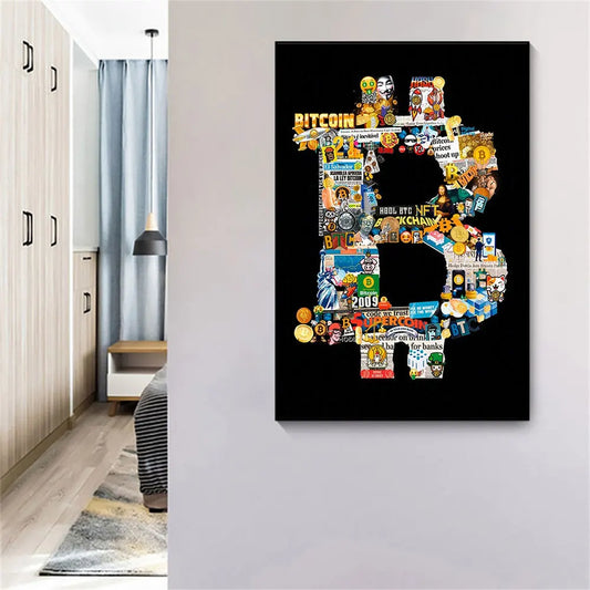 Samenvatting Bitcoin Crypto Poster Print Graffiti Stitching Creative Canvas Painting Modern Wall Art Picture Living Room Home Decor