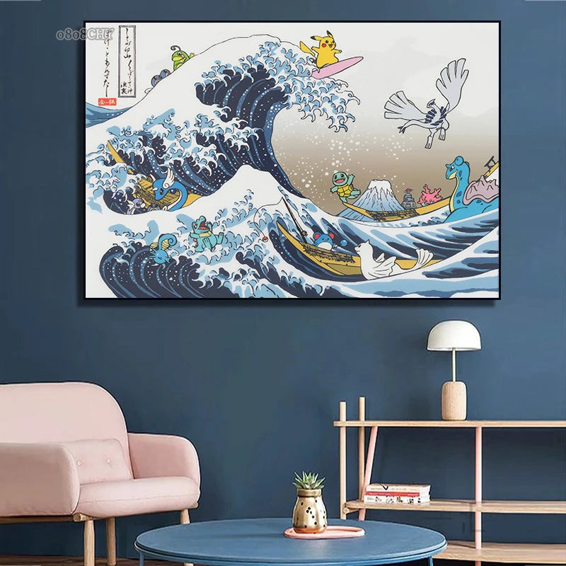 The Great Wave Off Kanagawa tela dipinto cartone animato Great Waves Art Poster Giappone Famoso pittura da parete Arte Arte Decor home