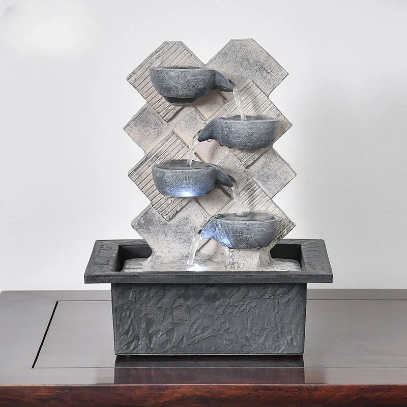 Fuente de agua de mesa de rocas apiladas con luz LED, Feng Shui Zen Cascada interior para decoración de la oficina en el hogar tamaño de escritorio