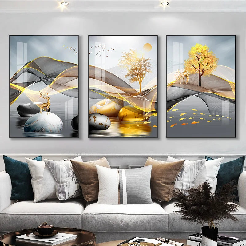 3 Pieces Nordic Luxury Ribbon Abstract Landscape Wall Art Canvas Paintings Modern Gold Deer Poster Print Picture for Home Decor