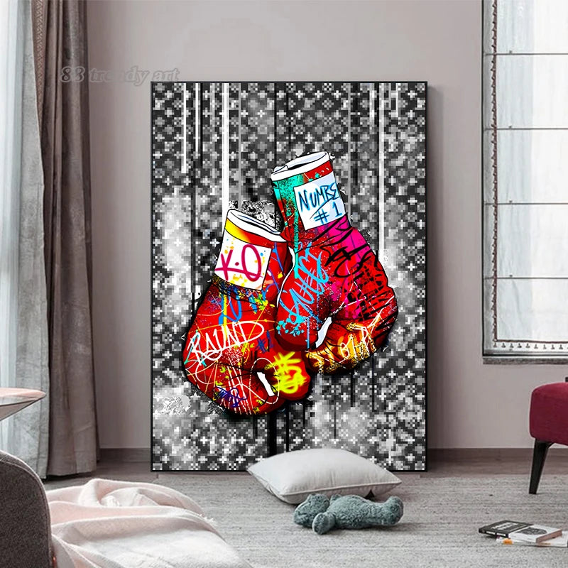 Samenvatting Luxe pop -kunstposters Bokshandschoenen Graffiti Canvas schilderen Mode Wall Art Pictures Home Living Room Decor No frame