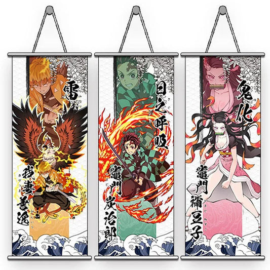 Anime Demon Slayer Hangende Scroll Painting Cartoon Figuur Nezuko Tanjirou Zenitsu Inosuke Home Decor Wall Poster (Grootte: 74*35cm)