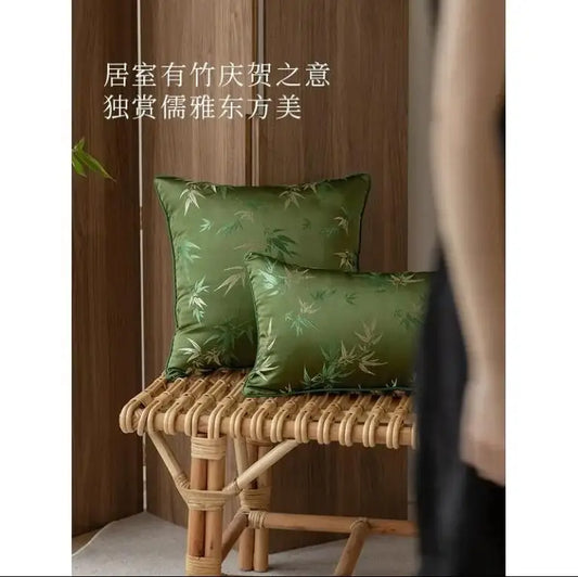 Chinese style green bamboo leaf back cushion cover sofa wait pillowcase silk satin fabric wait pillow cover