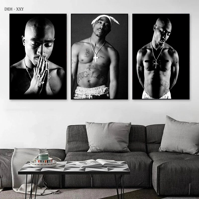 Rapper Tupac Poster Hip Hop Sänger 2pac Canvas Print Gemälde Rap Legende Schwarz -Weiß -Wandkunst Bilder Hauszimmer Dekoration