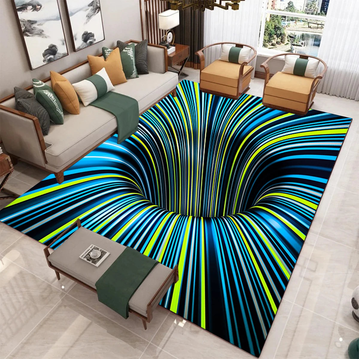 3D Vortex Illusion Carpet Floor Mat Area Rug Abstract Geometric Print Optical Home Living Room Bedroom Non-slip Doormat Rugs