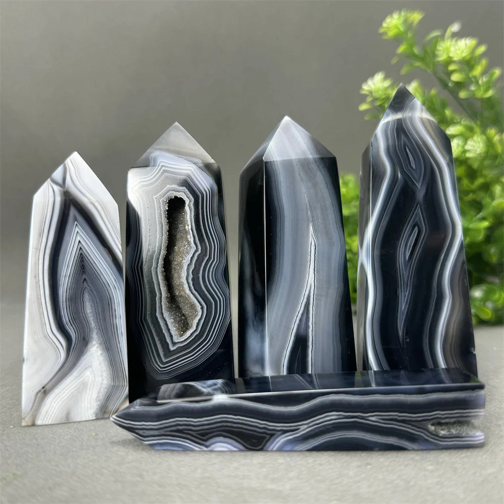 Natural Black Striped Agate Obelisk Polishing Craft Aura Meditation Treatment Witchcraft Altar Wand Home Decoration Ornaments