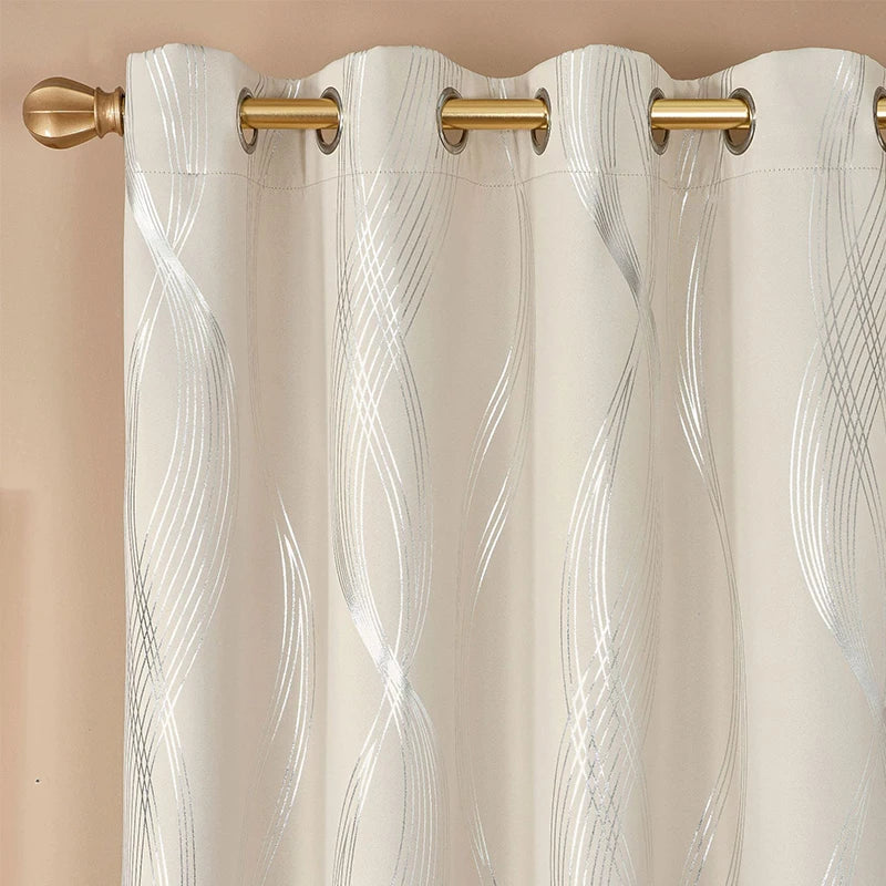 2Pcs Curtains Silvery Wave Striped Pattern Window Drape Blackout Grommet Top Window Treatment For Bedroom Living Room