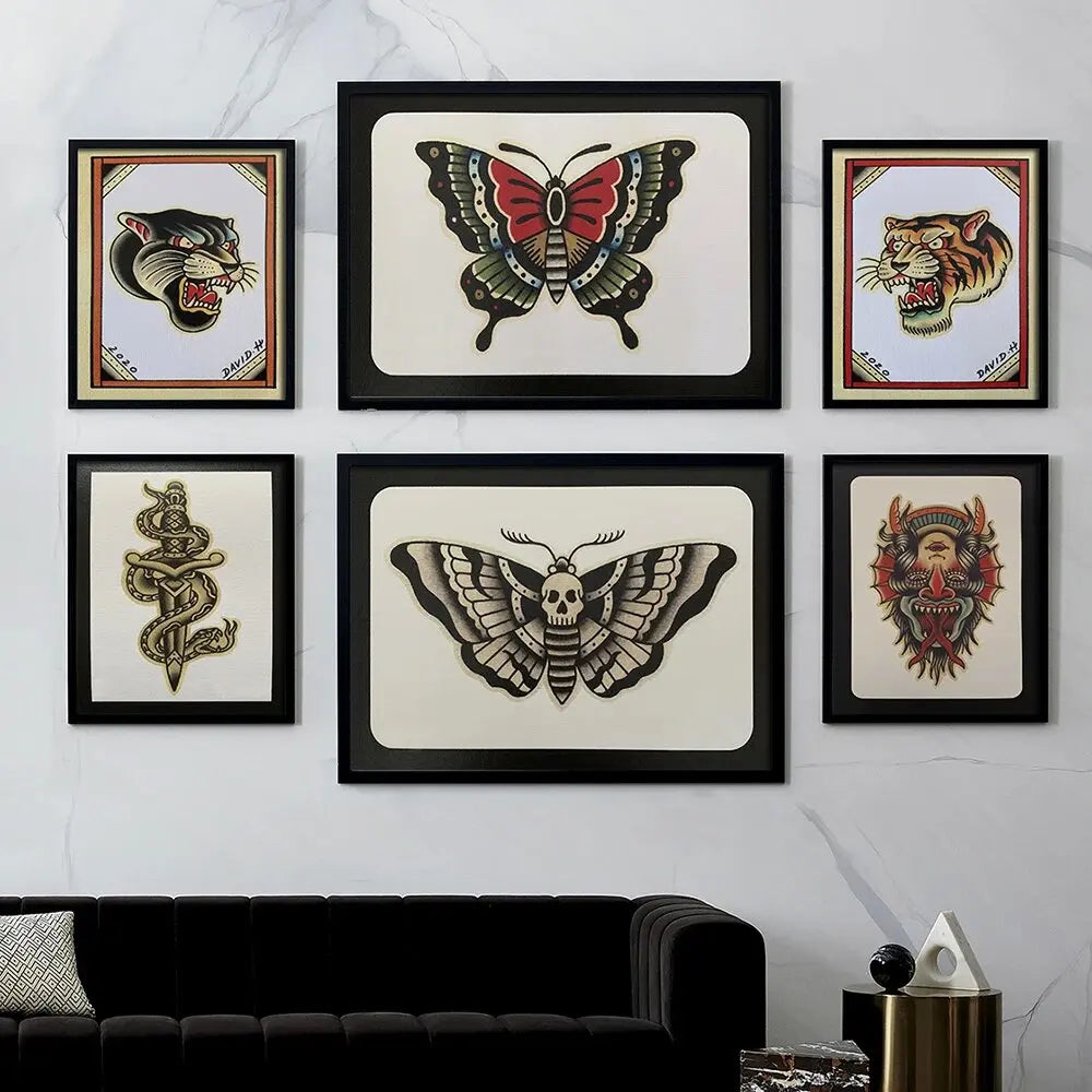 Escandinavo clásico clásico vintage arte colmillo de arte flores de mariposa calaveras de tatuajes HD hd estampados de carteles de la sala de estar de dormitorio en el hogar de sala de estar de