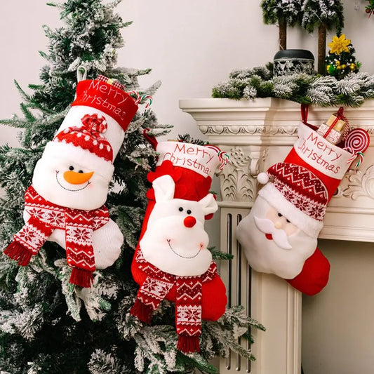 Cute Large Christmas Stockings Large Capacity Santa Snowman Elk Xmas Tree Hanging Stocking Plush Christmas Candy Gift Bag