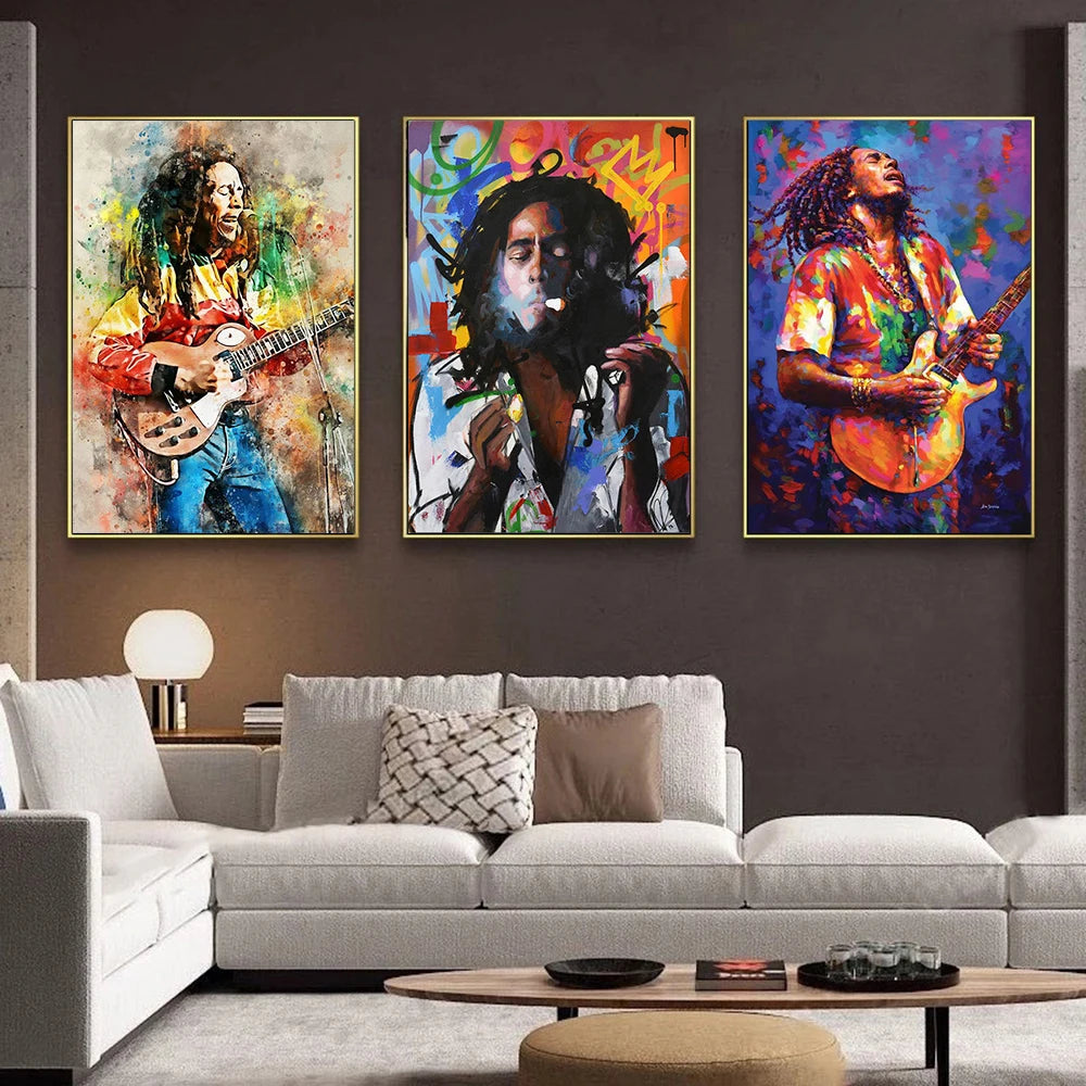 Resumen Bob Marley Canvas Pintura Padre de la música Posques de retratos y estampados Arte de pared Sala de estar Decoración del hogar