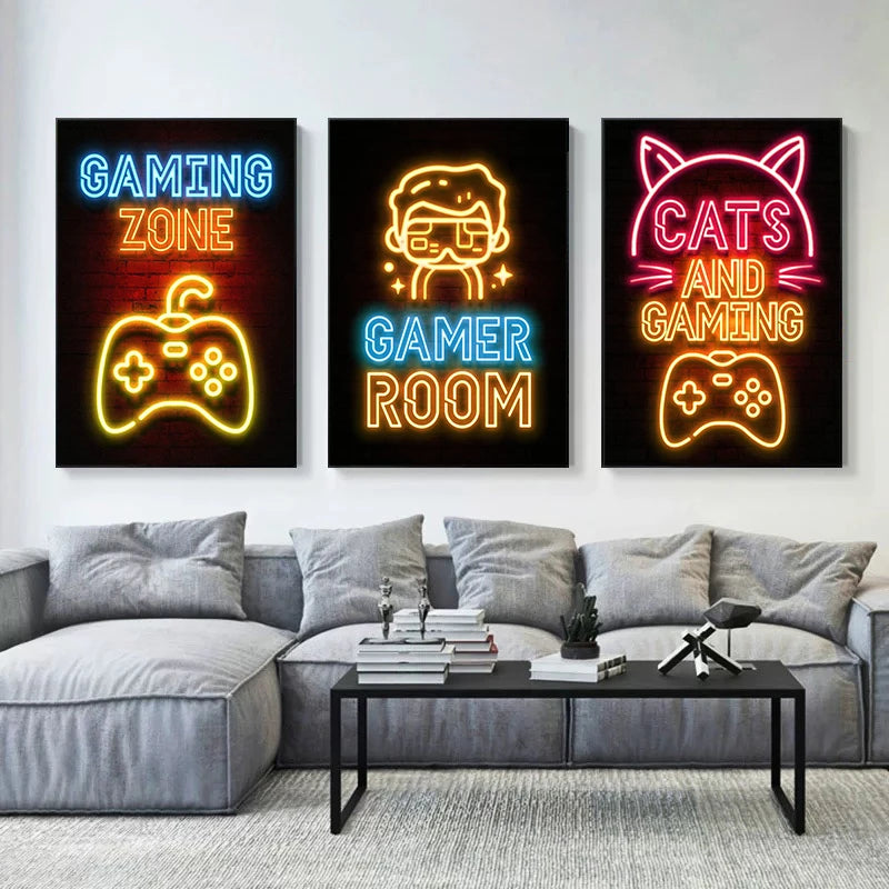 Arte Neon Happy Gaming Zone Games Room Póster Impresión Pintura Pintura Arte de pared de la oficina para niños Decoración del hogar sin LED