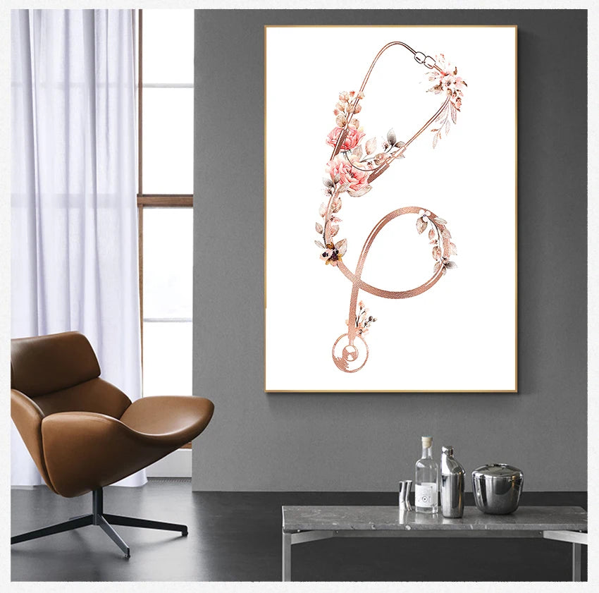 Cardiólogo Oficina de arte de pared Fotografías Pintura de lona Decoración Doctor de regalo Corazón Estetoscopio EKG Flower Medical Carteles y estampados