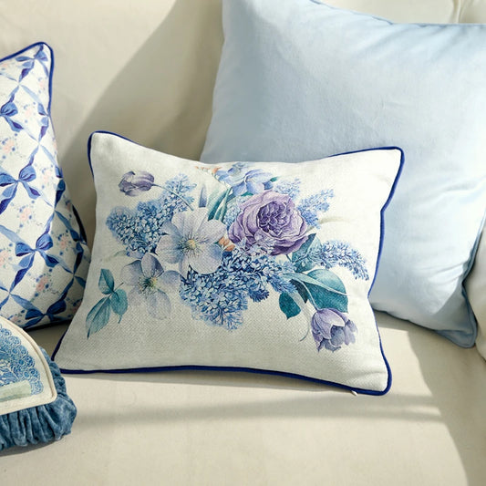 Blue Pillow Retro Plant Flower Livingroom Clear Romantic Pillow Cushion Home Decoration Square Fan-shaped Bed Waist Pillow